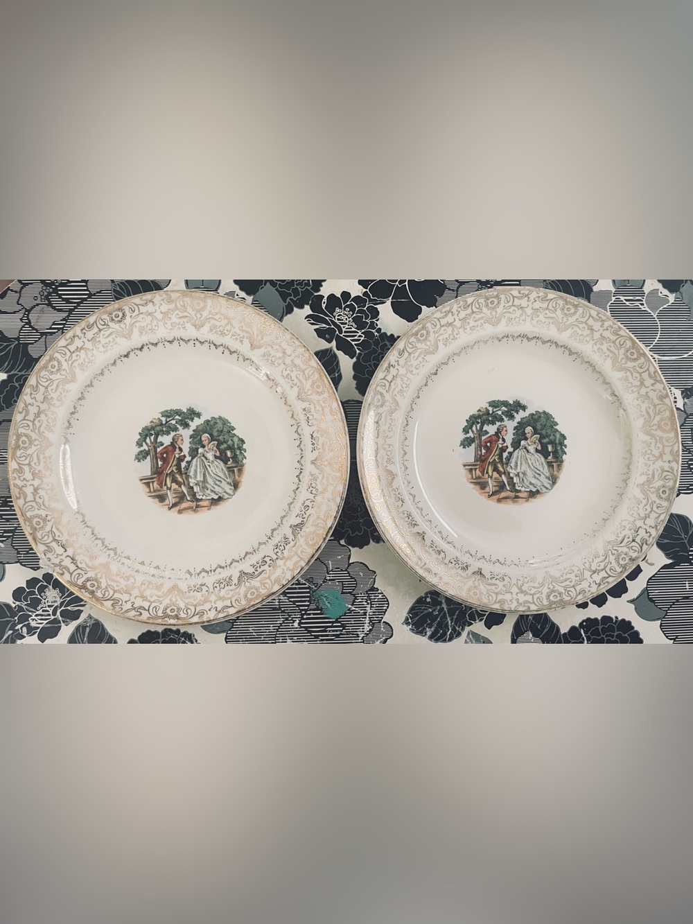 Vintage Salem Pair Classic Scenic Salad Plates in White and Gold-Tone Accent